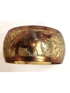Handcrafted Vintage Brass & Copper Bangle  Elephant & Flower Bangle Bracelet Wid